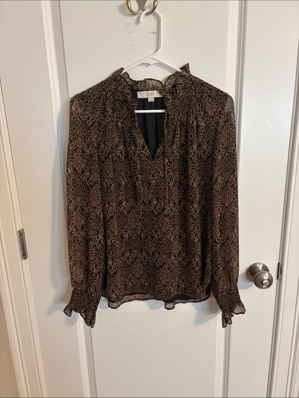 LOFT Black Floral Ruffled V-Neck Blouse with Tan Pattern